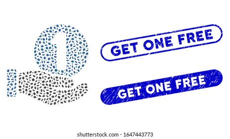 Mosaic one coin payment hand and distressed stamp watermarks with Get One Free phrase. Mosaic vector one coin payment hand is composed with scattered ellipse pieces.