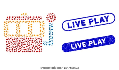 Mosaic one-armed bandit and corroded stamp seals with Live Play caption. Mosaic vector one-armed bandit is designed with randomized elliptic elements. Live Play stamp seals use blue color,