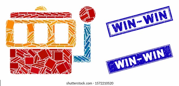 Mosaic one-armed bandit icon and rectangle Win-Win rubber prints. Flat vector one-armed bandit mosaic icon of randomized rotated rectangle elements. Blue Win-Win watermarks with scratched texture.