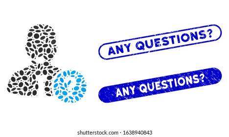 Mosaic online support and corroded stamp seals with Any Questions? phrase. Mosaic vector online support is formed with scattered ellipse spots. Any Questions? seals use blue color,