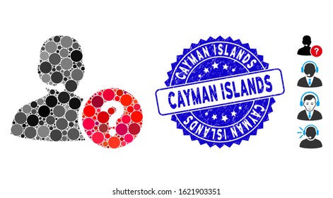 Mosaic online support icon and rubber stamp watermark with Cayman Islands phrase. Mosaic vector is composed with online support pictogram and with scattered spheric items.