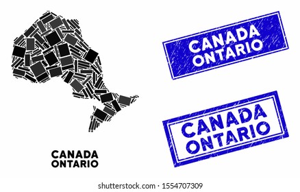 Mosaic Ontario Province map and rectangular seal stamps. Flat vector Ontario Province map mosaic of randomized rotated rectangle items. Blue caption seal stamps with scratched surface.