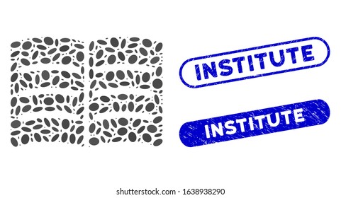 Mosaic open book and corroded stamp seals with Institute caption. Mosaic vector open book is designed with random ellipse items. Institute stamp seals use blue color, and have round rectangle shape.