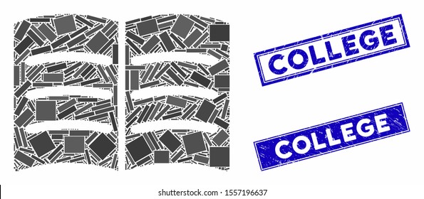 Mosaic open book icon and rectangle stamps. Flat vector open book mosaic icon of random rotated rectangle items. Blue caption rubber stamps with scratched texture.