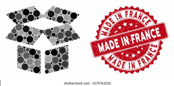Mosaic open box and corroded stamp seal with Made in France caption. Mosaic vector is composed with open box icon and with random circle spots. Made in France seal uses red color,