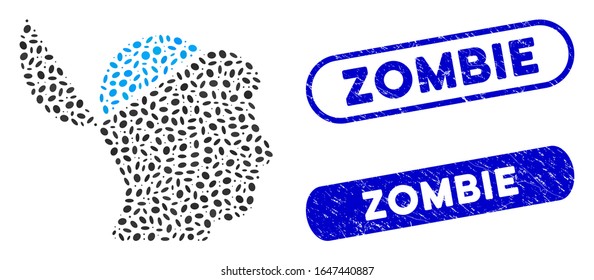 Mosaic open brain and distressed stamp seals with Zombie text. Mosaic vector open brain is formed with randomized oval items. Zombie seals use blue color, and have round rectangle shape.
