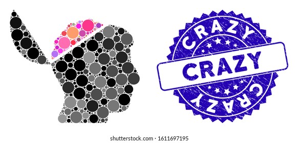 Mosaic open brain icon and rubber stamp seal with Crazy text. Mosaic vector is designed with open brain icon and with randomized round items. Crazy stamp seal uses blue color, and dirty design.