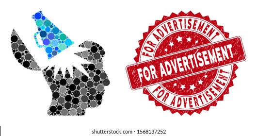 Mosaic open brain megaphone and corroded stamp seal with For Advertisement phrase. Mosaic vector is created with open brain megaphone icon and with random spheric items.