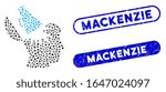 Mosaic open brain megaphone and distressed stamp seals with Mackenzie caption. Mosaic vector open brain megaphone is formed with randomized elliptic spots. Mackenzie seals use blue color,
