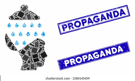 Mosaic open brain shower pictogram and rectangular Propaganda rubber prints. Flat vector open brain shower mosaic pictogram of scattered rotated rectangular items.