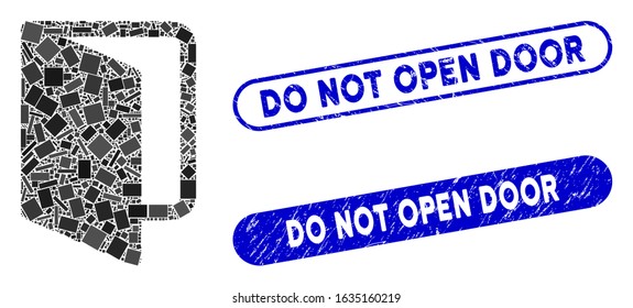 Mosaic open door and corroded stamp seals with Do Not Open Door text. Mosaic vector open door is formed with random rectangle items. Do Not Open Door stamp seals use blue color,