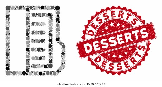 Mosaic open file and rubber stamp seal with Desserts phrase. Mosaic vector is formed with open file icon and with scattered spheric items. Desserts seal uses red color, and grunged design.