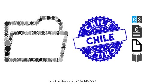 Mosaic open folder icon and rubber stamp watermark with Chile text. Mosaic vector is formed with open folder icon and with random spheric elements. Chile stamp seal uses blue color, and rubber design.