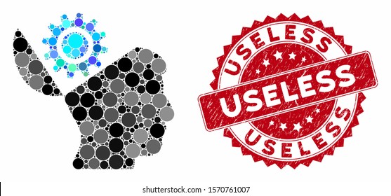Mosaic open head gear and corroded stamp seal with Useless text. Mosaic vector is composed with open head gear icon and with random spheric items. Useless seal uses red color, and grunged design.