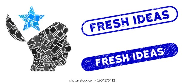 Mosaic open head star and corroded stamp watermarks with Fresh Ideas caption. Mosaic vector open head star is formed with random rectangle items. Fresh Ideas stamps use blue color,