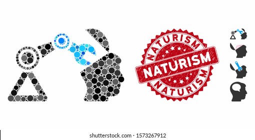 Mosaic open head surgery manipulator icon and grunge stamp seal with Naturism caption. Mosaic vector is created with open head surgery manipulator icon and with scattered circle spots.