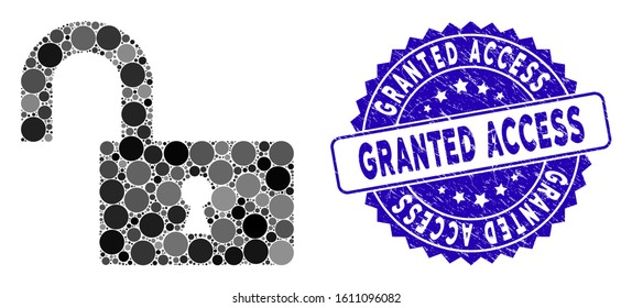 Mosaic open lock icon and rubber stamp watermark with Granted Access text. Mosaic vector is created with open lock pictogram and with randomized spheric items.
