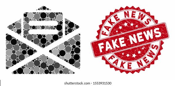 Mosaic open mail and distressed stamp seal with Fake News phrase. Mosaic vector is composed with open mail icon and with randomized round items. Fake News seal uses red color, and grunged texture.