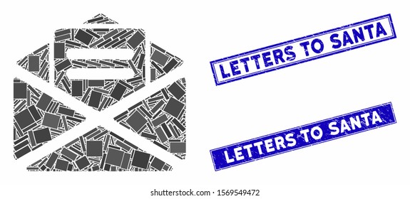 Mosaic open mail icon and rectangle seals. Flat vector open mail mosaic icon of random rotated rectangular items. Blue caption stamps with grunge surface.