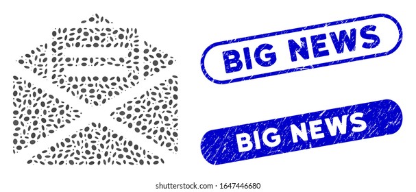 Mosaic open mail and rubber stamp seals with Big News phrase. Mosaic vector open mail is composed with scattered elliptic elements. Big News stamp seals use blue color, and have round rectangle shape.