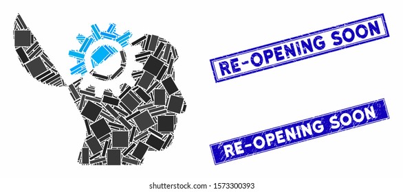 Mosaic open mind gear pictogram and rectangular Re-Opening Soon watermarks. Flat vector open mind gear mosaic pictogram of scattered rotated rectangular elements.