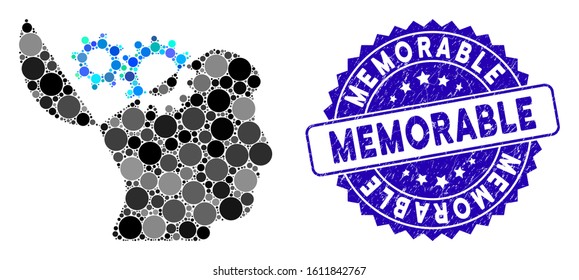 Mosaic open mind gears icon and corroded stamp seal with Memorable phrase. Mosaic vector is formed with open mind gears icon and with scattered round elements. Memorable stamp seal uses blue color,