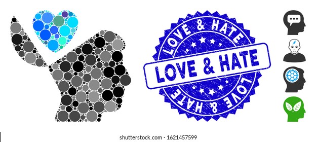 Mosaic open mind love heart icon and grunge stamp seal with Love & Hate phrase. Mosaic vector is composed with open mind love heart icon and with random circle elements.