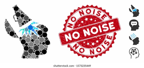 Mosaic open mind megaphone icon and corroded stamp watermark with No Noise phrase. Mosaic vector is created with open mind megaphone icon and with random spheric items. No Noise stamp uses red color,