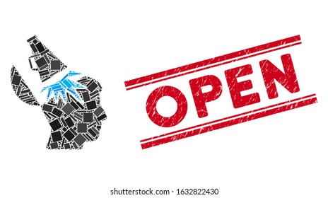 Mosaic open mind megaphone icon and red Open seal stamp between double parallel lines. Flat vector open mind megaphone mosaic icon of scattered rotated rectangle items.