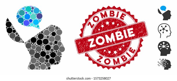 Mosaic open mind opinion icon and rubber stamp seal with Zombie phrase. Mosaic vector is designed with open mind opinion icon and with random round spots. Zombie stamp uses red color,