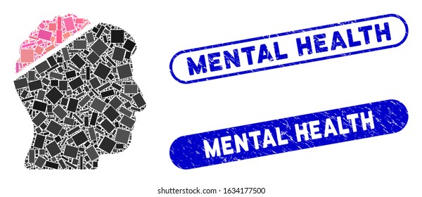 Mosaic open mind and rubber stamp seals with Mental Health phrase. Mosaic vector open mind is designed with random rectangle items. Mental Health seals use blue color, and have round rectangle shape.