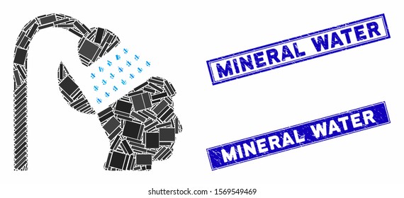 Mosaic open mind shower icon and rectangle stamps. Flat vector open mind shower mosaic icon of scattered rotated rectangle items. Blue caption stamps with grunged surface.