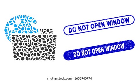 Mosaic open palette folder and distressed stamp seals with Do Not Open Window caption. Mosaic vector open palette folder is composed with randomized oval dots.