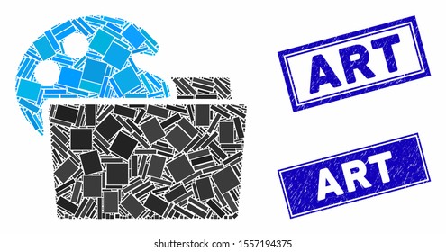 Mosaic open palette folder pictogram and rectangle stamps. Flat vector open palette folder mosaic pictogram of randomized rotated rectangular elements. Blue caption rubber stamps with rubber surface.
