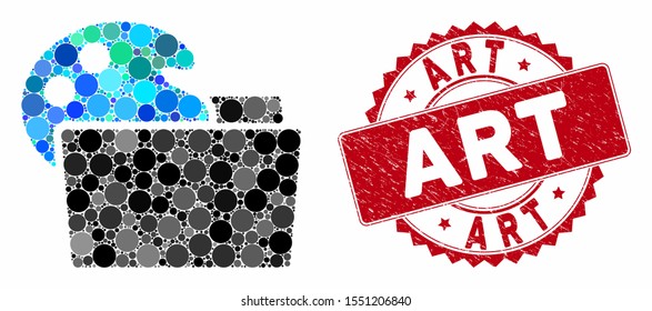 Mosaic open palette folder and rubber stamp seal with Art caption. Mosaic vector is created with open palette folder icon and with scattered circle spots. Art stamp seal uses red color,