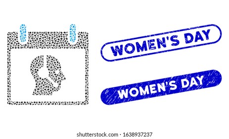 Mosaic operator calendar day and distressed stamp seals with Women'S Day phrase. Mosaic vector operator calendar day is designed with randomized ellipse pieces. Women'S Day stamp seals use blue color,