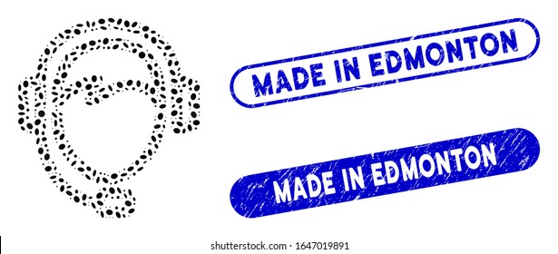 Operador de mosaico y sellos de sellos angustiados con la frase "Hecho en Edmonton". El operador vectorial mosaico se crea con puntos ovales dispersos. Los sellos de sello Edmonton tienen un color azul,