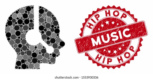 Mosaic Operator And Grunge Stamp Seal With Hip Hop Music Text. Mosaic Vector Is Composed With Operator Icon And With Randomized Round Items. Hip Hop Music Stamp Seal Uses Red Color, And Dirty Texture.