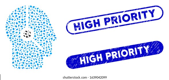 Mosaic operator and grunge stamp seals with High Priority caption. Mosaic vector operator is created with random oval items. High Priority stamp seals use blue color, and have round rectangle shape.
