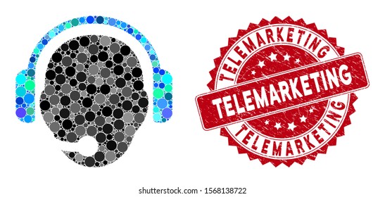 Mosaic operator head and grunge stamp watermark with Telemarketing phrase. Mosaic vector is designed with operator head icon and with scattered spheric elements. Telemarketing stamp uses red color,