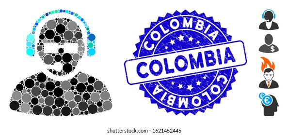 Mosaic operator icon and distressed stamp seal with Colombia phrase. Mosaic vector is created with operator icon and with random spheric items. Colombia stamp seal uses blue color,