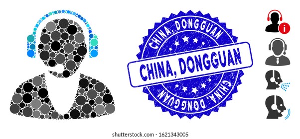 Mosaic operator icon and rubber stamp seal with China, Dongguan caption. Mosaic vector is composed with operator icon and with scattered round elements. China, Dongguan stamp seal uses blue color,