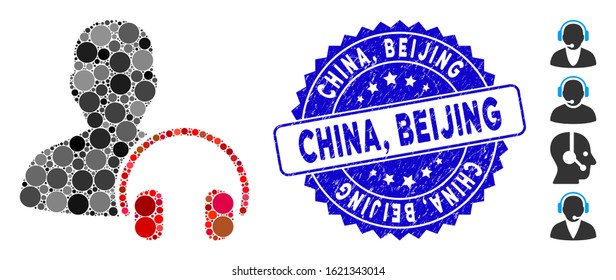 Mosaic operator icon and rubber stamp watermark with China, Beijing text. Mosaic vector is created with operator icon and with scattered circle spots. China, Beijing stamp seal uses blue color,