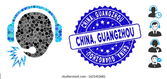 Mosaic operator message icon and corroded stamp seal with China, Guangzhou caption. Mosaic vector is designed with operator message icon and with random circle elements. China,