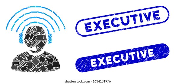 Mosaic operator radio signal and rubber stamp seals with Executive caption. Mosaic vector operator radio signal is formed with scattered rectangle items. Executive stamp seals use blue color,