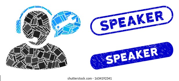 Mosaic operator service message and distressed stamp seals with Speaker phrase. Mosaic vector operator service message is designed with scattered rectangle items. Speaker stamp seals use blue color,