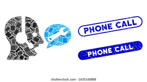 Mosaic operator service message and rubber stamp watermarks with Phone Call text. Mosaic vector operator service message is designed with scattered rectangle items.