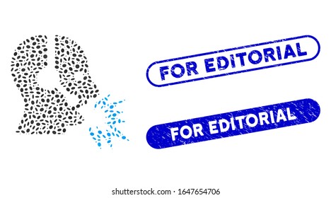 Mosaic operator shout and grunge stamp watermarks with For Editorial text. Mosaic vector operator shout is composed with randomized oval items. For Editorial stamp seals use blue color,