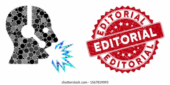 Mosaic operator shout and rubber stamp seal with Editorial phrase. Mosaic vector is created with operator shout icon and with random round spots. Editorial seal uses red color, and scratched surface.