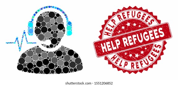 Mosaic operator signal and rubber stamp seal with Help Refugees text. Mosaic vector is designed with operator signal icon and with randomized round elements. Help Refugees stamp seal uses red color,